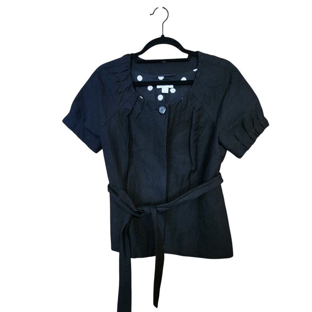 Ann Taylor Loft Womens Black Short Sleeve Button-Front Belted Top Size 8